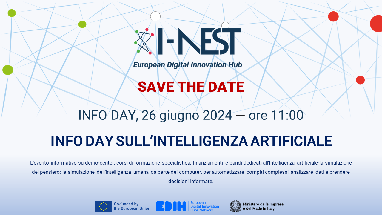 Info day sull'Intelligenza artificiale: aperte le iscrizioni all’Evento informativo su demo-center, corsi di formazione specialistica, finanziamenti e bandi dedicati all'IA - 26 giugno