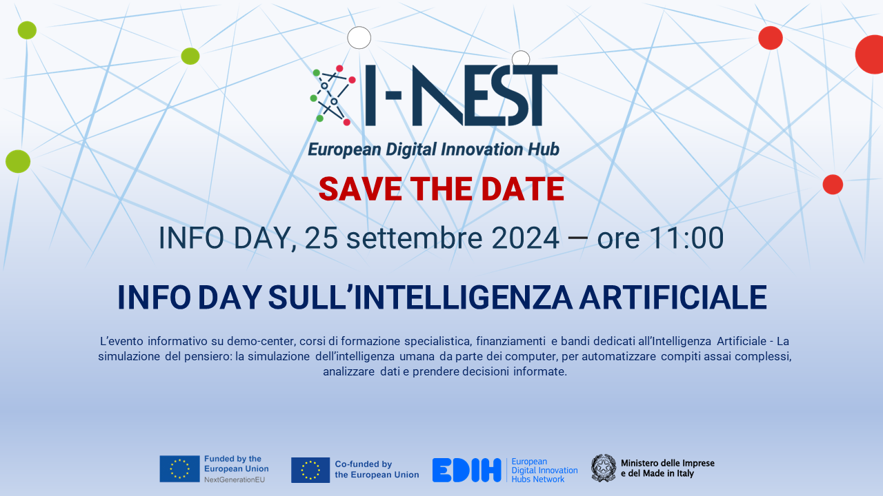 INFO DAY sull'Intelligenza artificiale: aperte le iscrizioni all’Evento informativo su demo-center, corsi di formazione specialistica, finanziamenti e bandi dedicati all'IA – 25 settembre